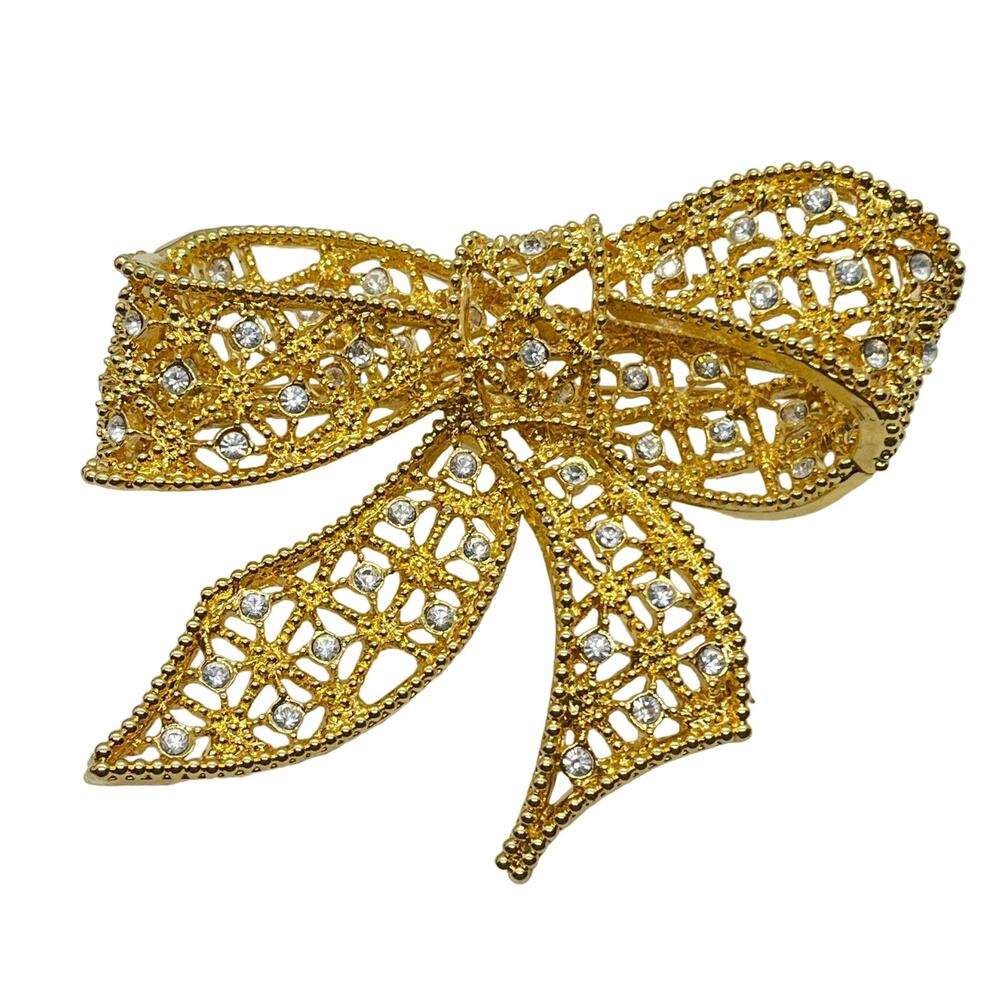 Kenneth Jay Lane Bow Brooch Pin Gold Tone Vintage KJL Rhinestone Women Retro